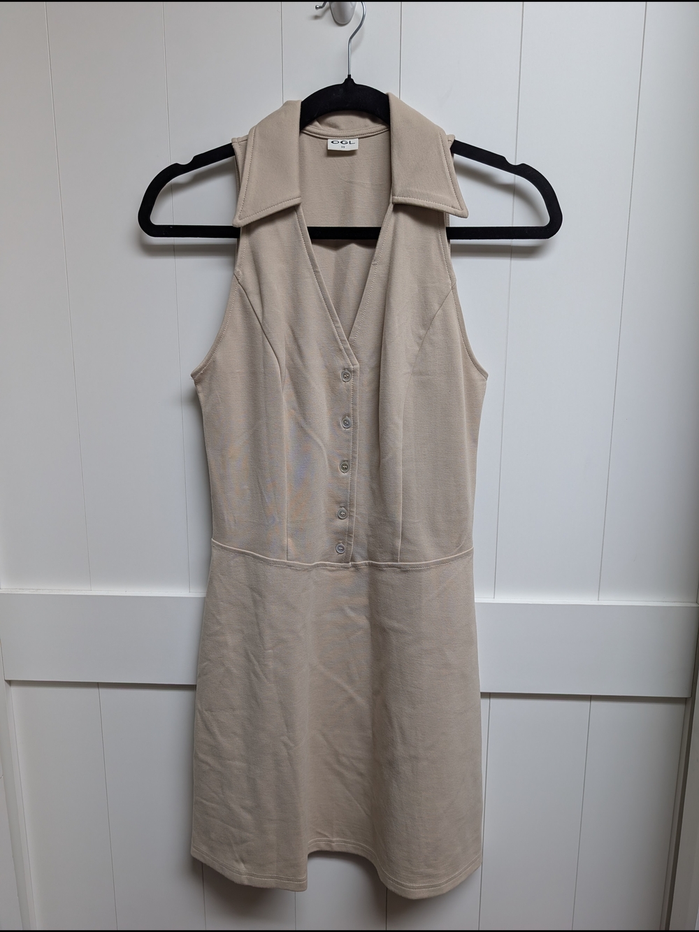 OGL Beige Sleeveless Collared Button-Front Mini Dress, XS